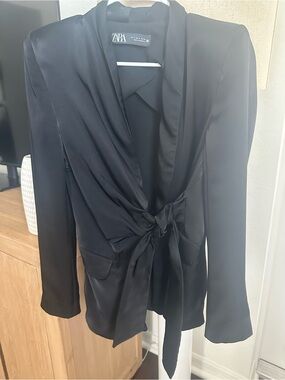 Zara Black Satin Tie-Waist Blazer Jacket
